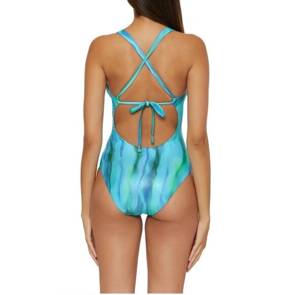 Becca by Rebecca Virtue Solar Energy One Piece Swimsuit M Blue Green Metallic - Picture 2 of 9